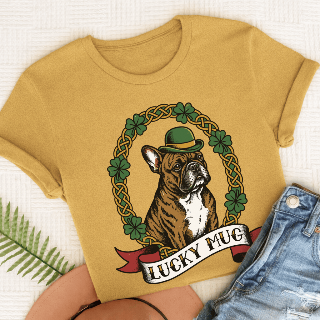 Personalized Frenchie Lucky St Paticks Unisex TShirt Comfort Colors Mustard