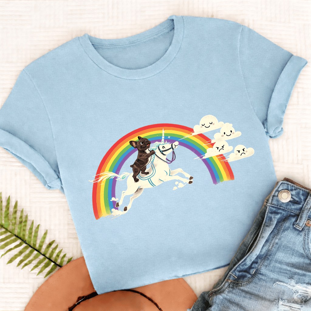 Personalized Frenchie Rainbow Unicorn Unisex Tshirt Comfort Colors Chambray