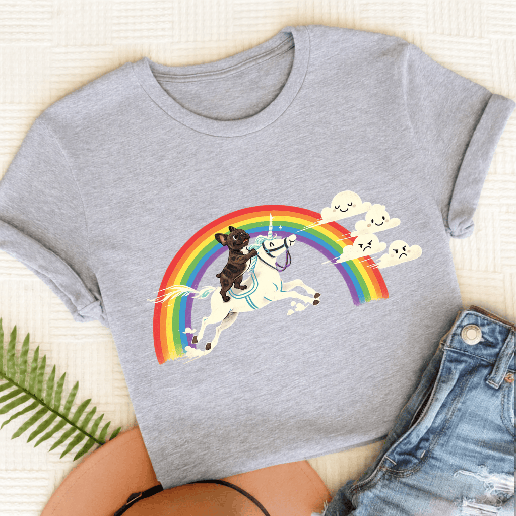 Personalized Frenchie Rainbow Unicorn Unisex Tshirt Sport Grey