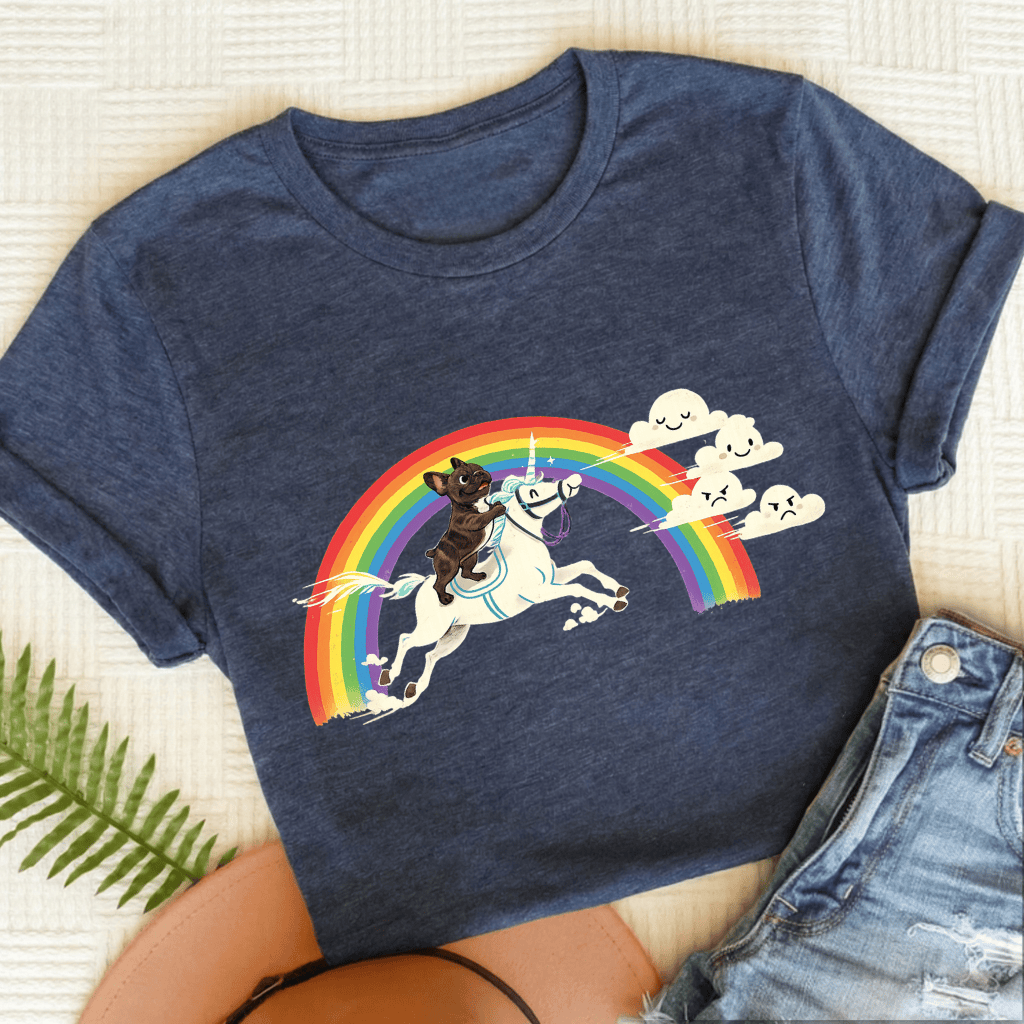 Personalized Frenchie Rainbow Unicorn Unisex Tshirt Heather Navy