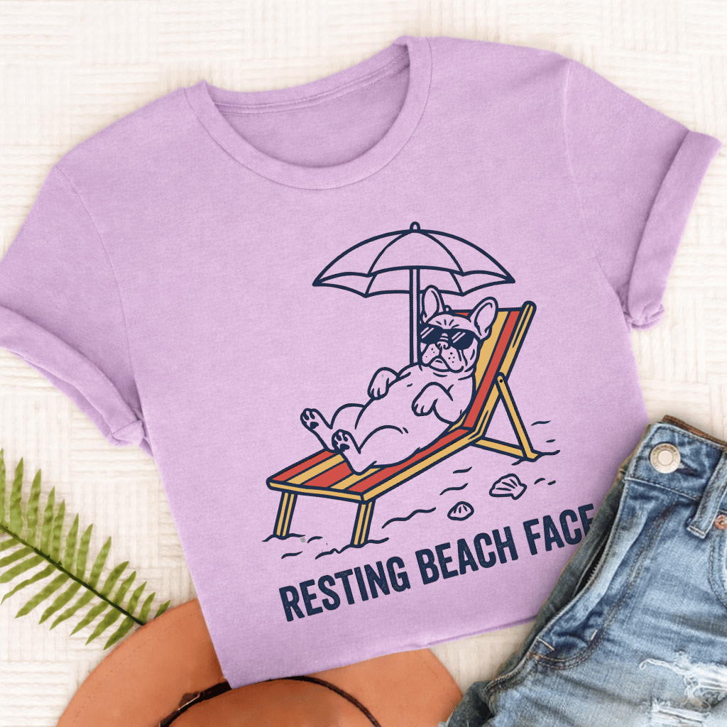 Personalized Frenchie Resting Beach Unisex TShirt Comfort Colors Orchid
