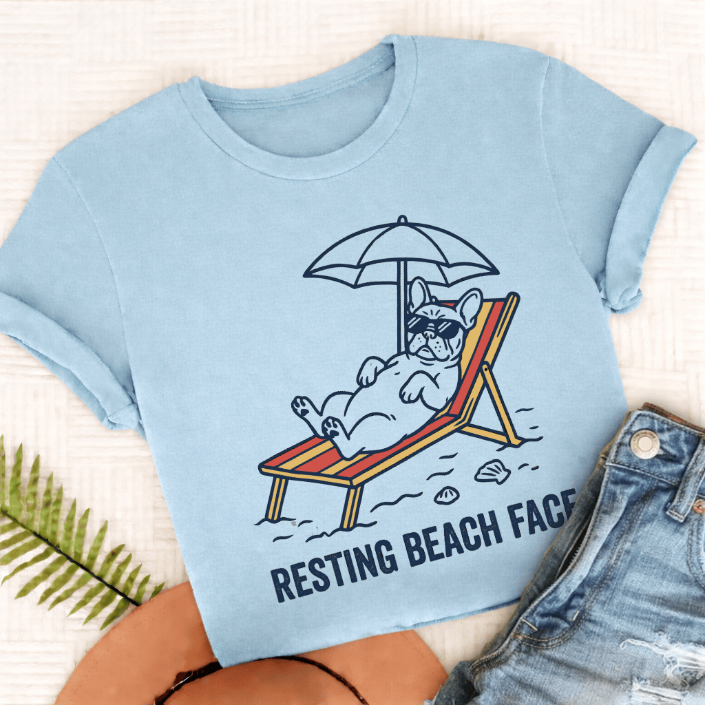 Personalized Frenchie Resting Beach Unisex TShirt Comfort Colors Chambray