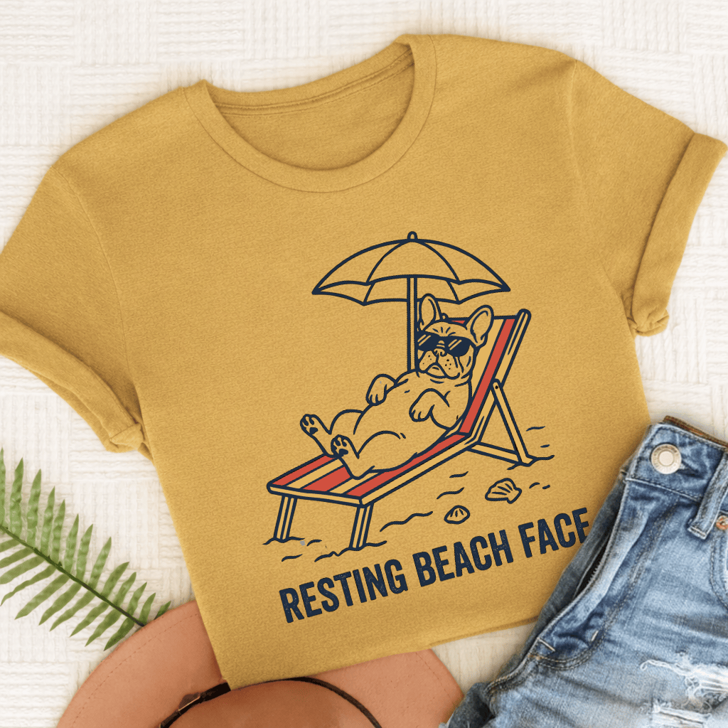 Personalized Frenchie Resting Beach Unisex TShirt Comfort Colors Mustard