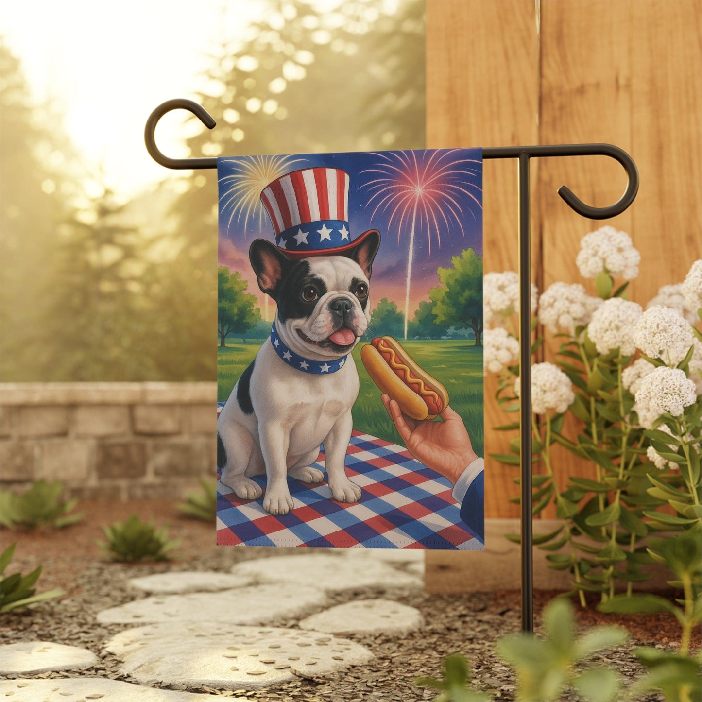 Printify Garden Flag Piebald French Bulldog 4th July Garden Flag
