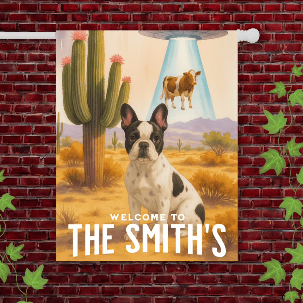 Printify Garden Flag 24.5'' × 32'' Piebald French Bulldog Aliens Garden Flag
