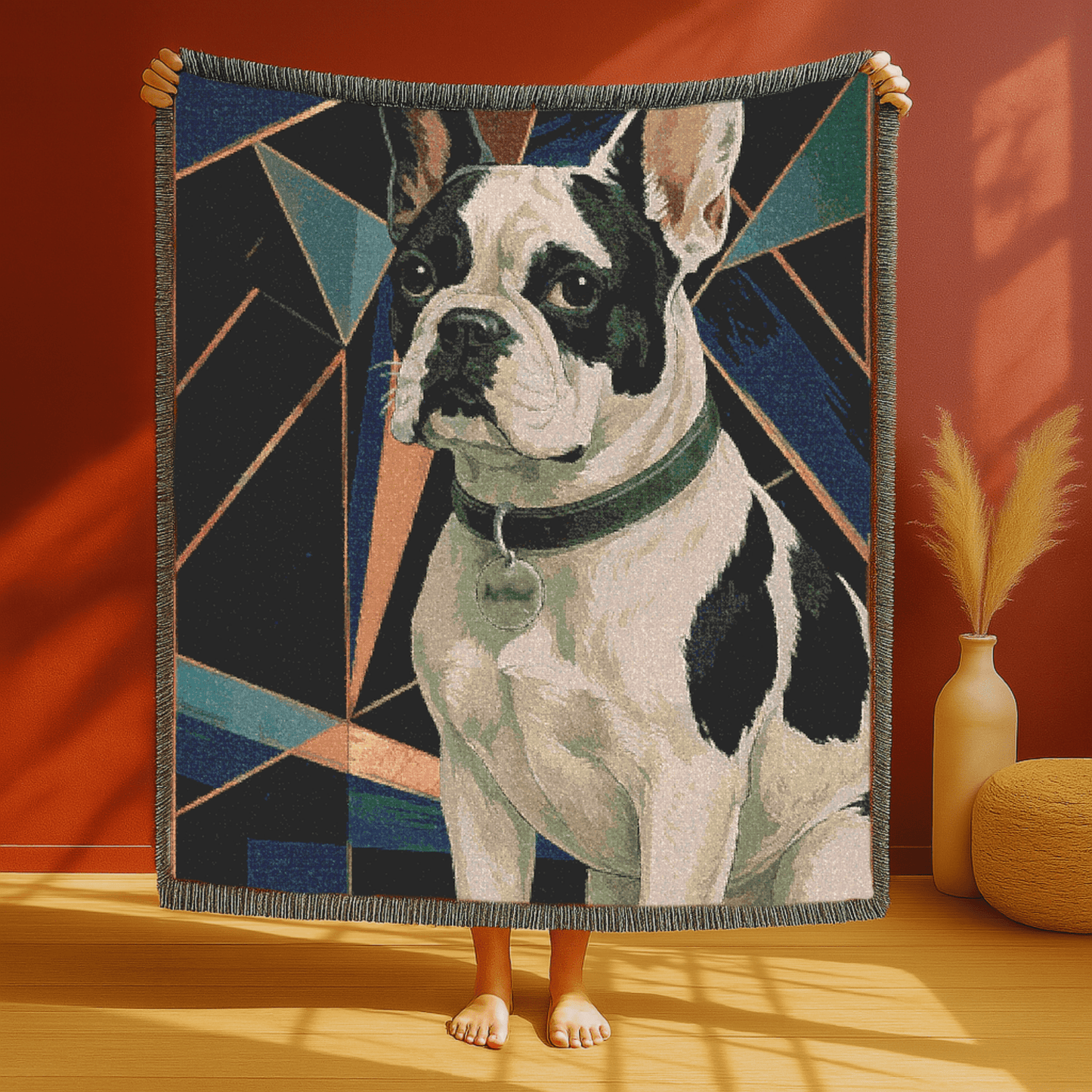Printify Blanket Piebald French Bulldog Art Deco Woven Blanket