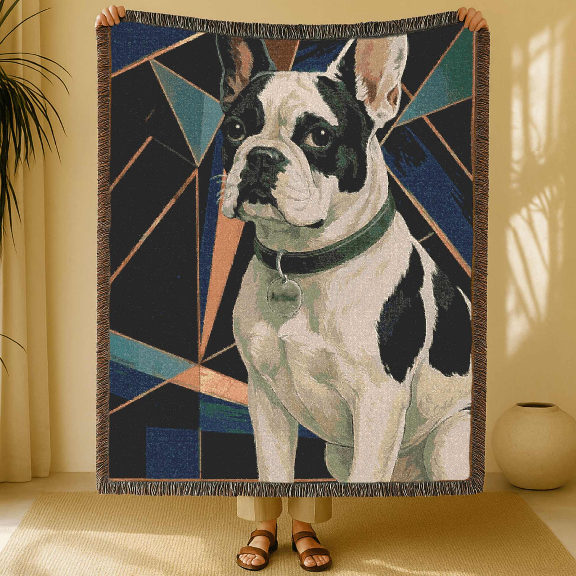Printify Blanket Piebald French Bulldog Art Deco Woven Blanket