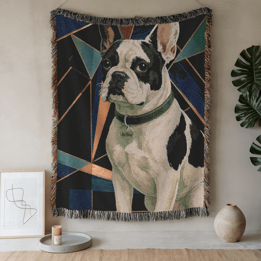Printify Blanket 52'' × 37'' Piebald French Bulldog Art Deco Woven Blanket