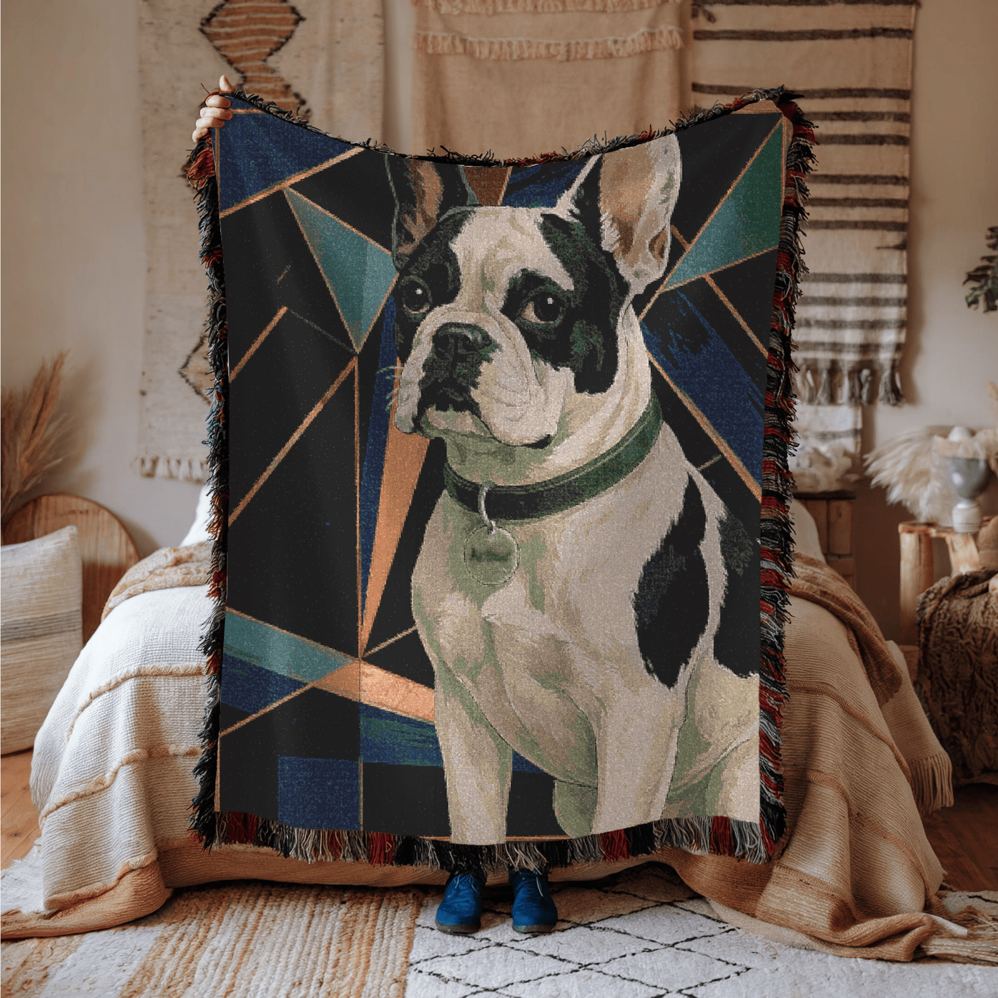 Printify Blanket Piebald French Bulldog Art Deco Woven Blanket