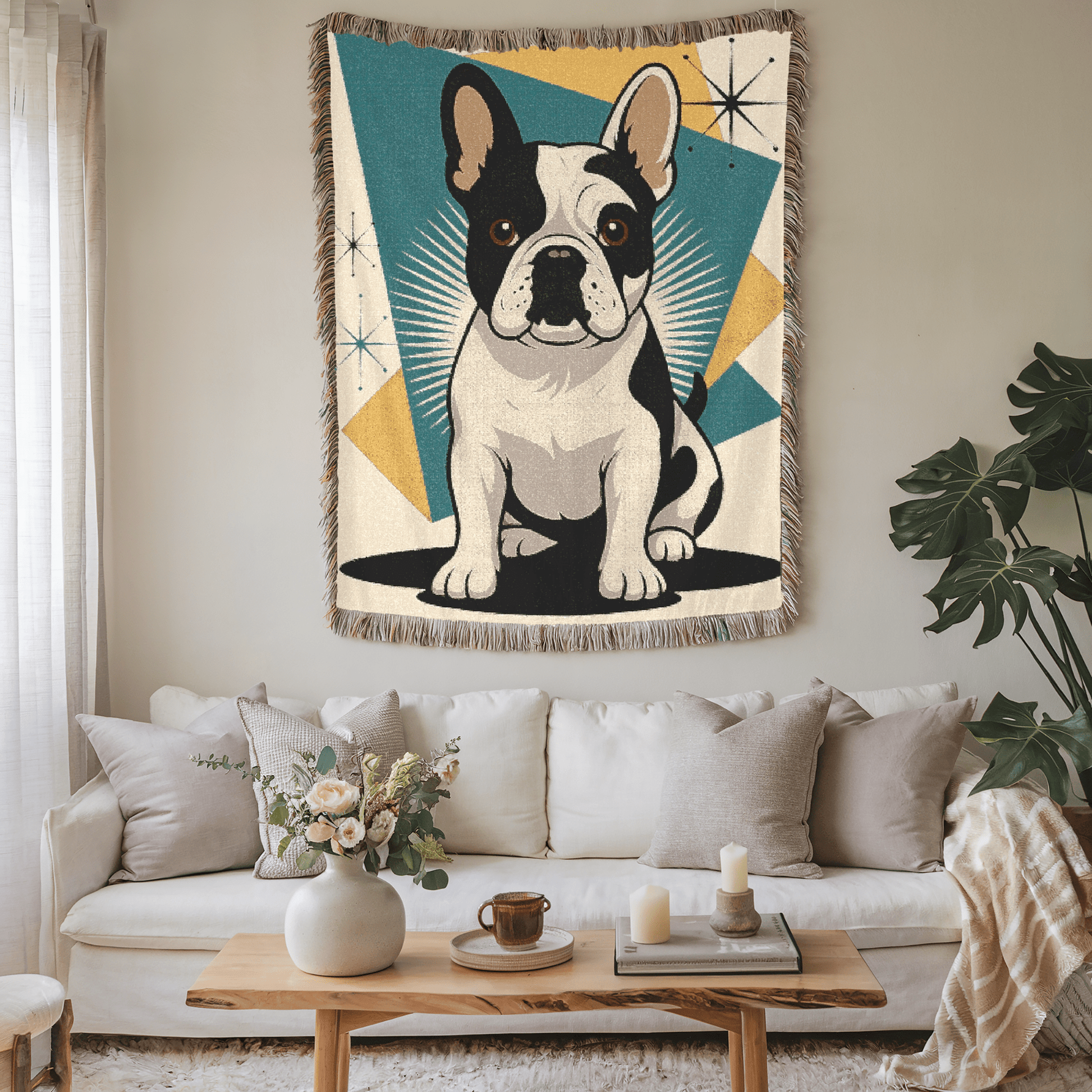 Printify Blanket Piebald French Bulldog Atomic Mid Century Modern Throw Blanket