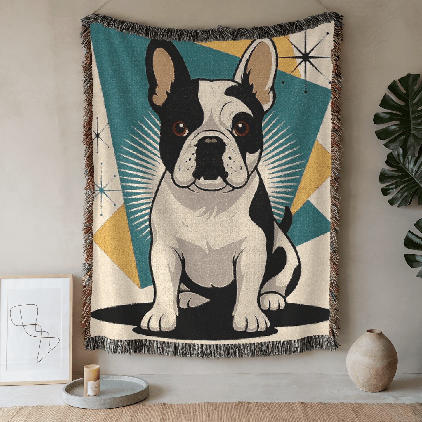 Printify Blanket 52'' × 37'' Piebald French Bulldog Atomic Mid Century Modern Throw Blanket