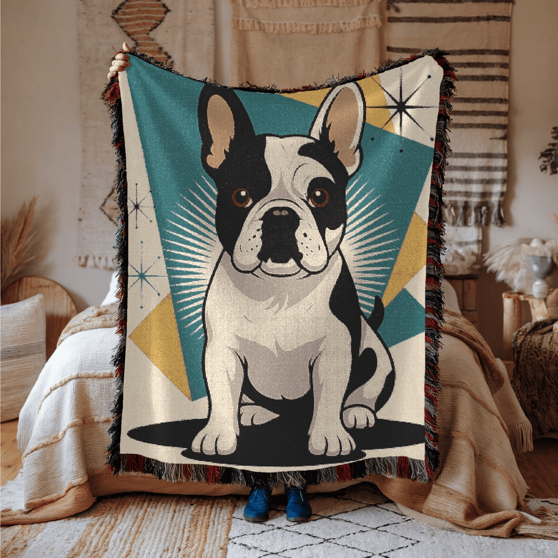 Printify Blanket Piebald French Bulldog Atomic Mid Century Modern Throw Blanket