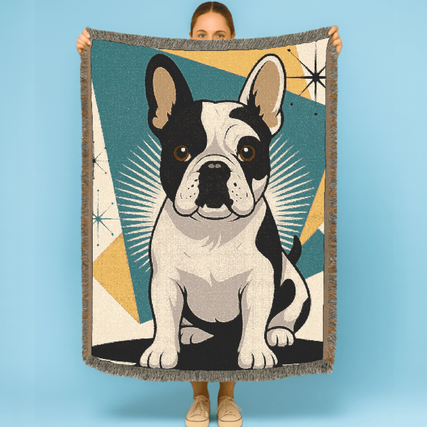 Printify Blanket Piebald French Bulldog Atomic Mid Century Modern Throw Blanket
