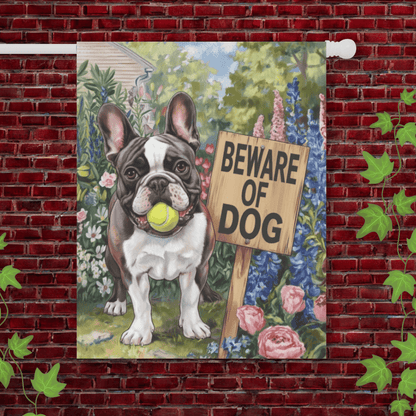 Printify Garden Flag 24.5'' × 32'' Piebald French Bulldog Beware Garden Flag
