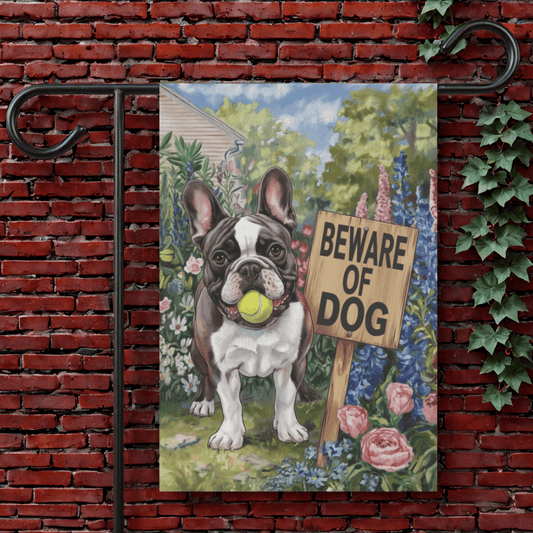 Printify Garden Flag 12'' × 18'' Piebald French Bulldog Beware Garden Flag