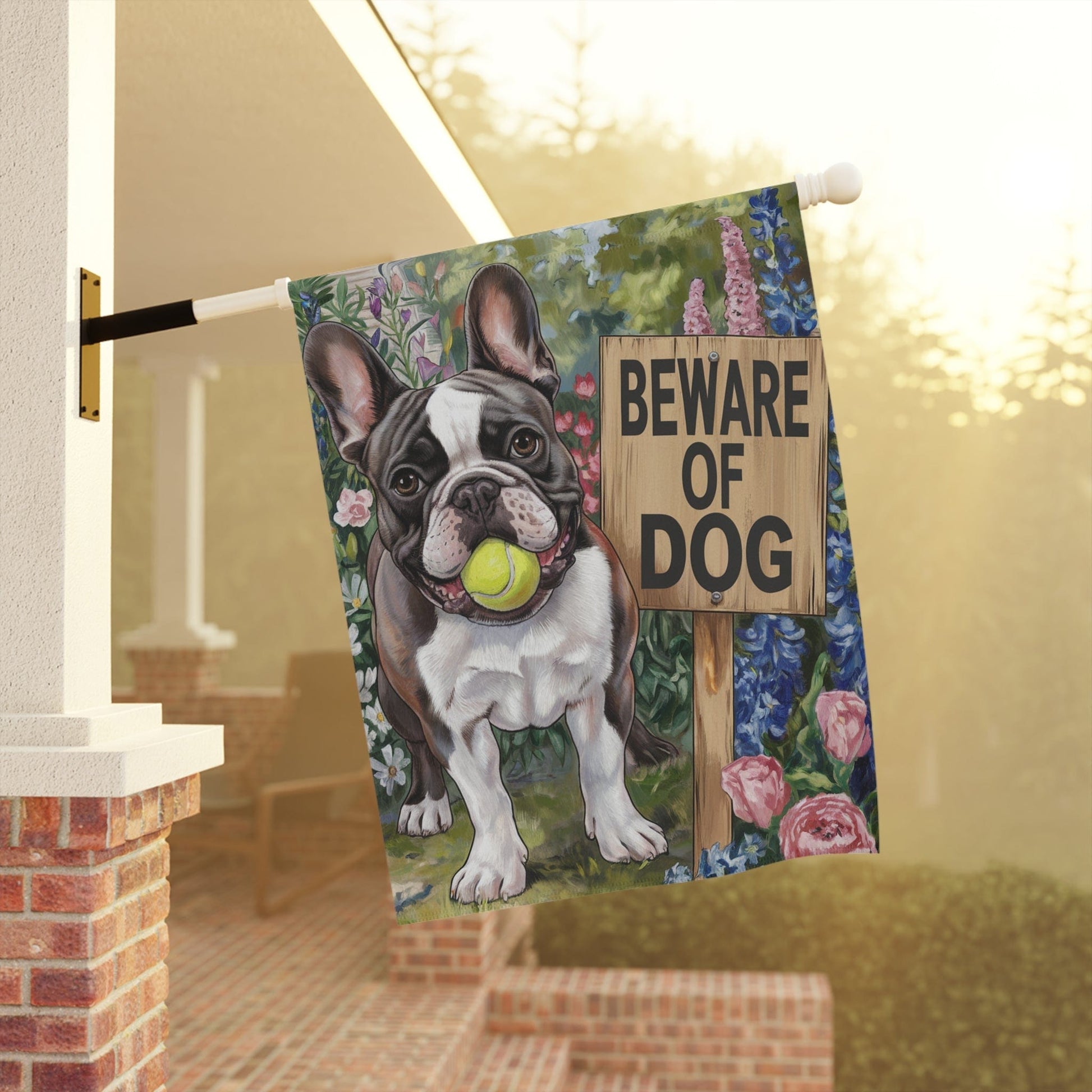 Printify Garden Flag Piebald French Bulldog Beware Garden Flag