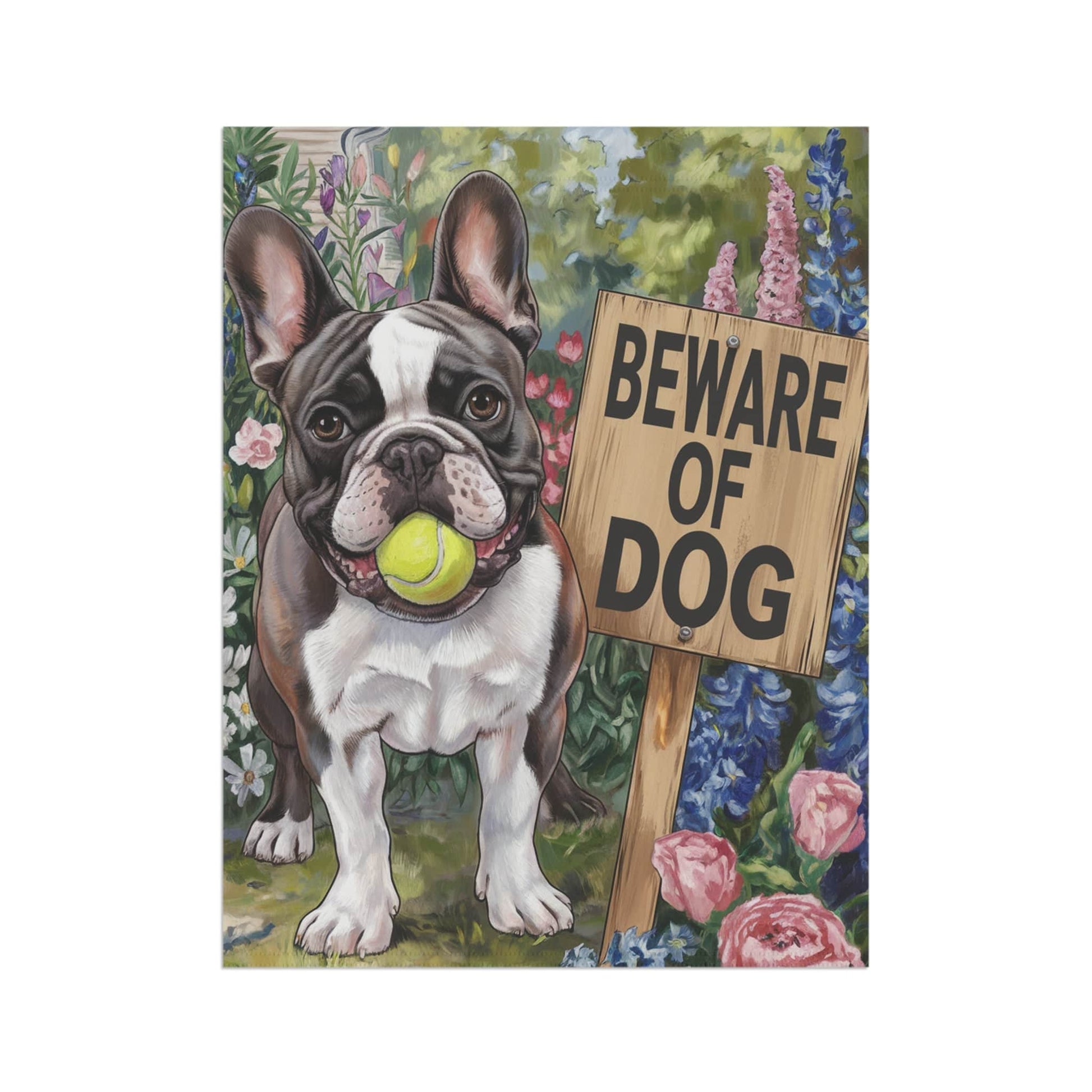Printify Garden Flag Piebald French Bulldog Beware Garden Flag