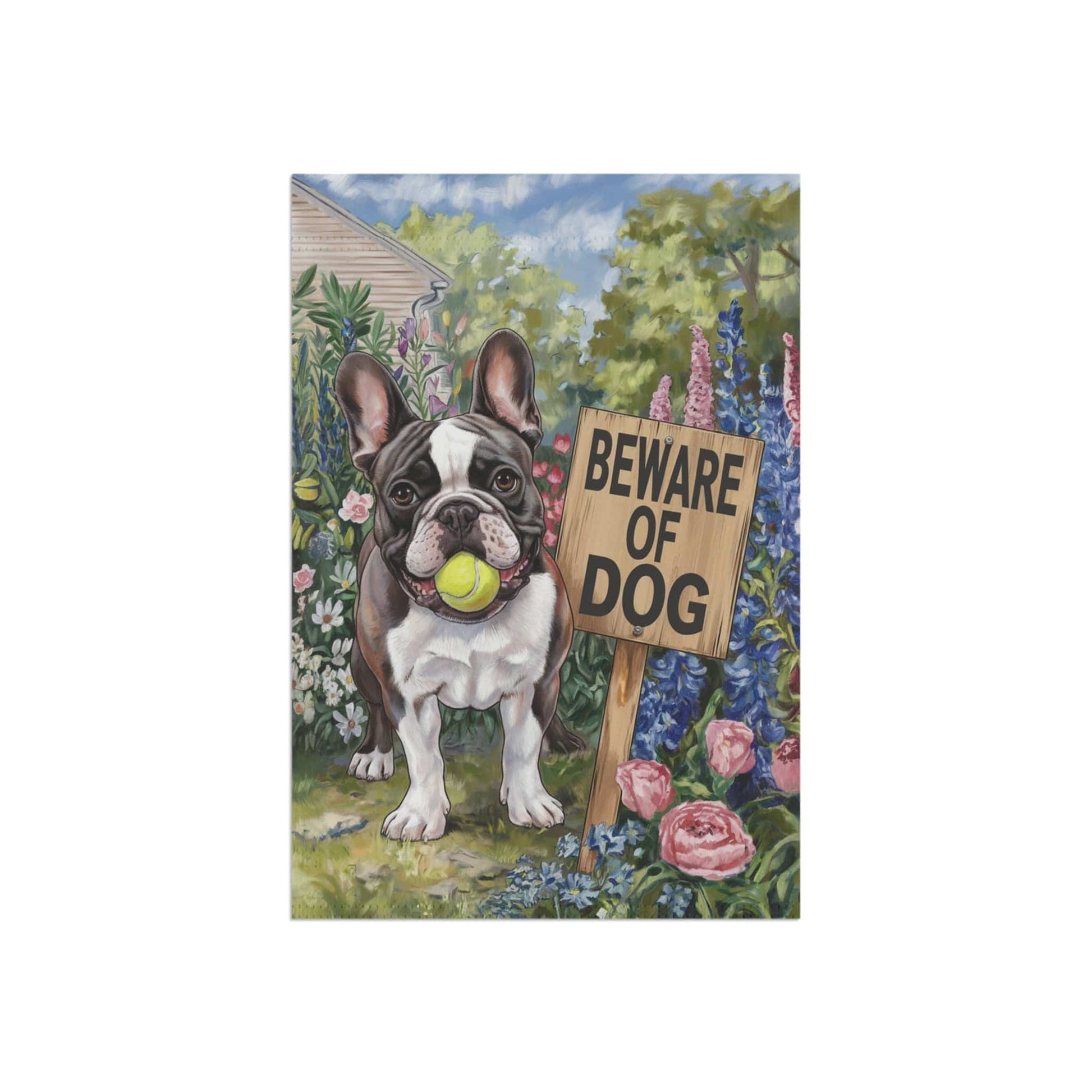 Printify Garden Flag Piebald French Bulldog Beware Garden Flag