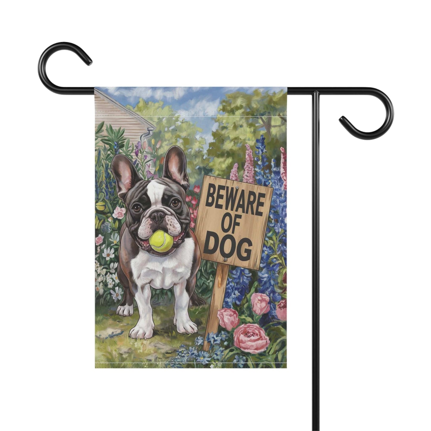 Printify Garden Flag Piebald French Bulldog Beware Garden Flag