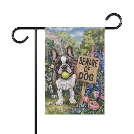 Printify Garden Flag Piebald French Bulldog Beware Garden Flag