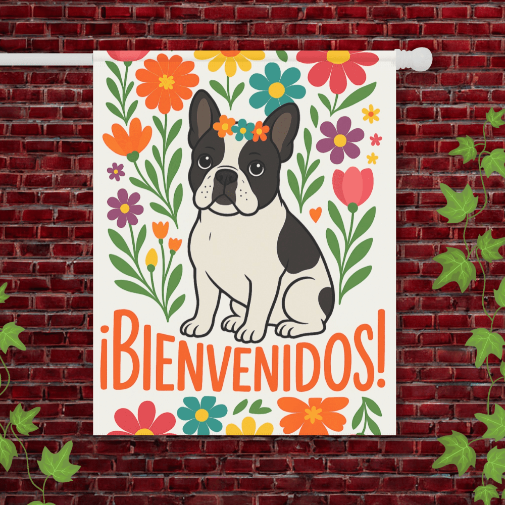 Printify Garden Flag 24.5'' × 32'' Piebald French Bulldog Bienvenidos Garden Flag