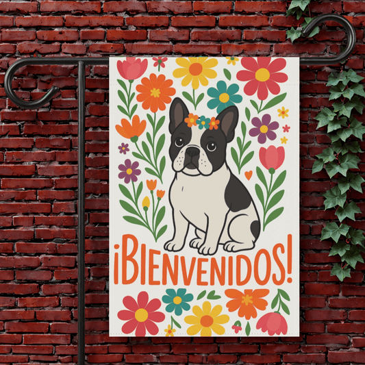 Printify Garden Flag 12'' × 18'' Piebald French Bulldog Bienvenidos Garden Flag