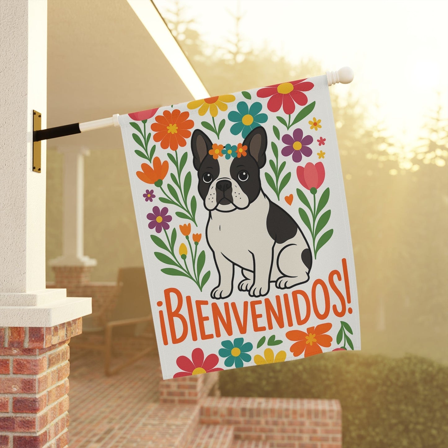 Printify Garden Flag Piebald French Bulldog Bienvenidos Garden Flag