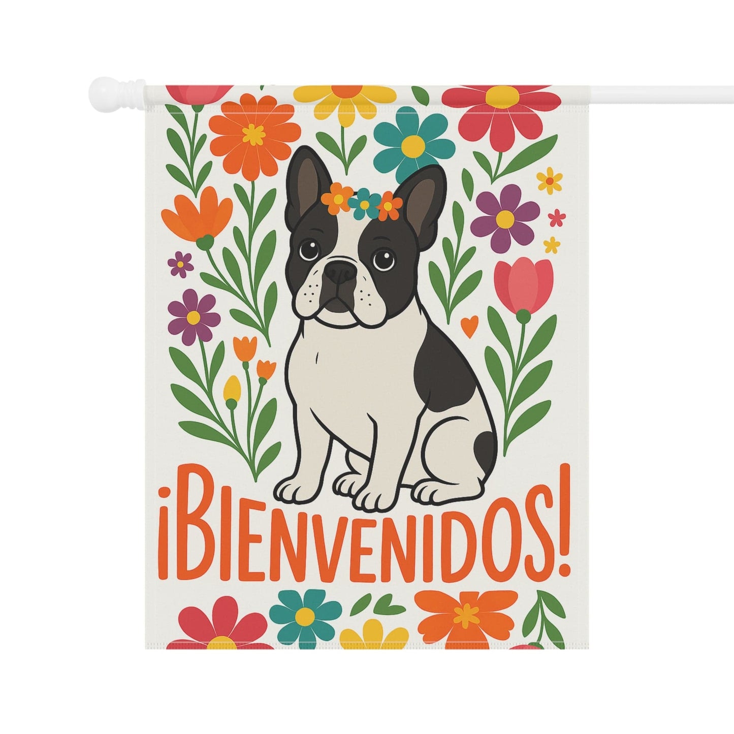 Printify Garden Flag Piebald French Bulldog Bienvenidos Garden Flag
