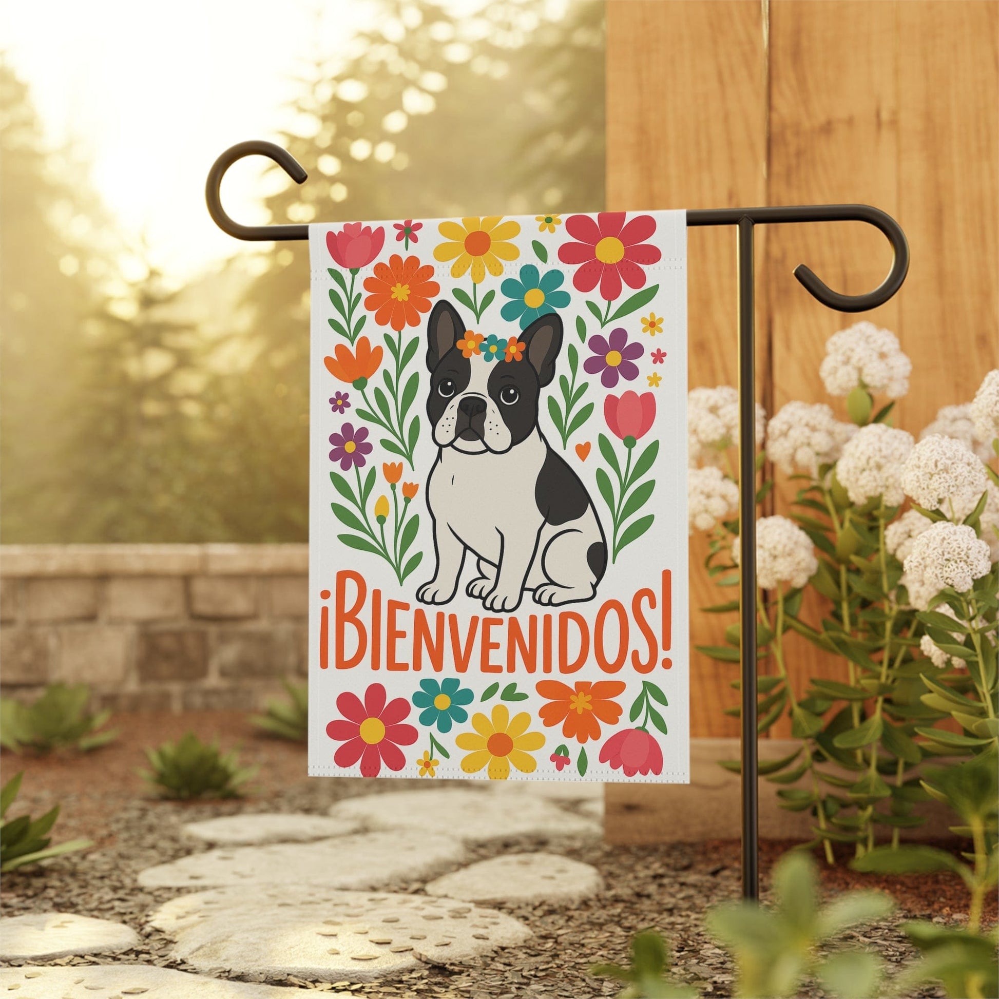 Printify Garden Flag Piebald French Bulldog Bienvenidos Garden Flag