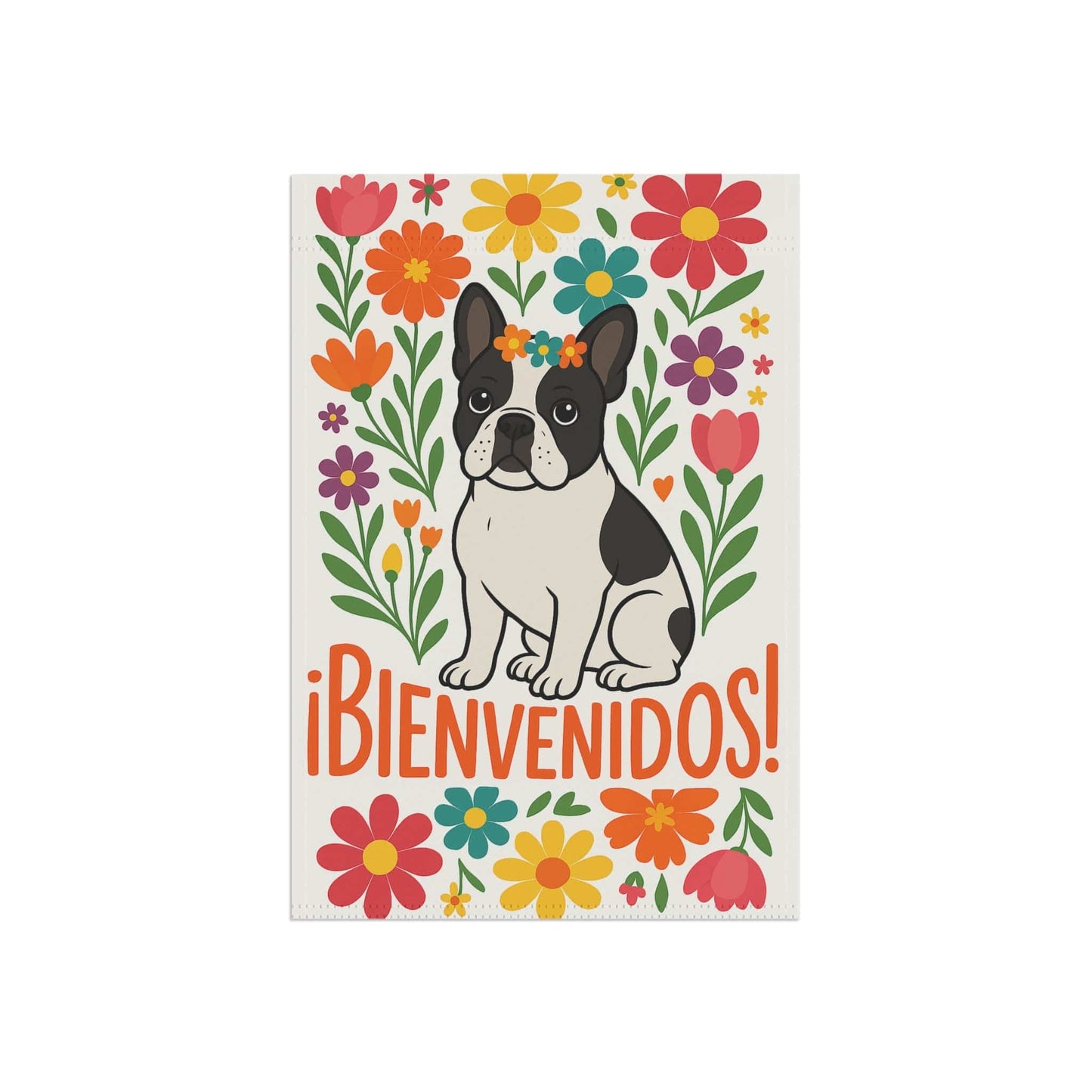 Printify Garden Flag Piebald French Bulldog Bienvenidos Garden Flag