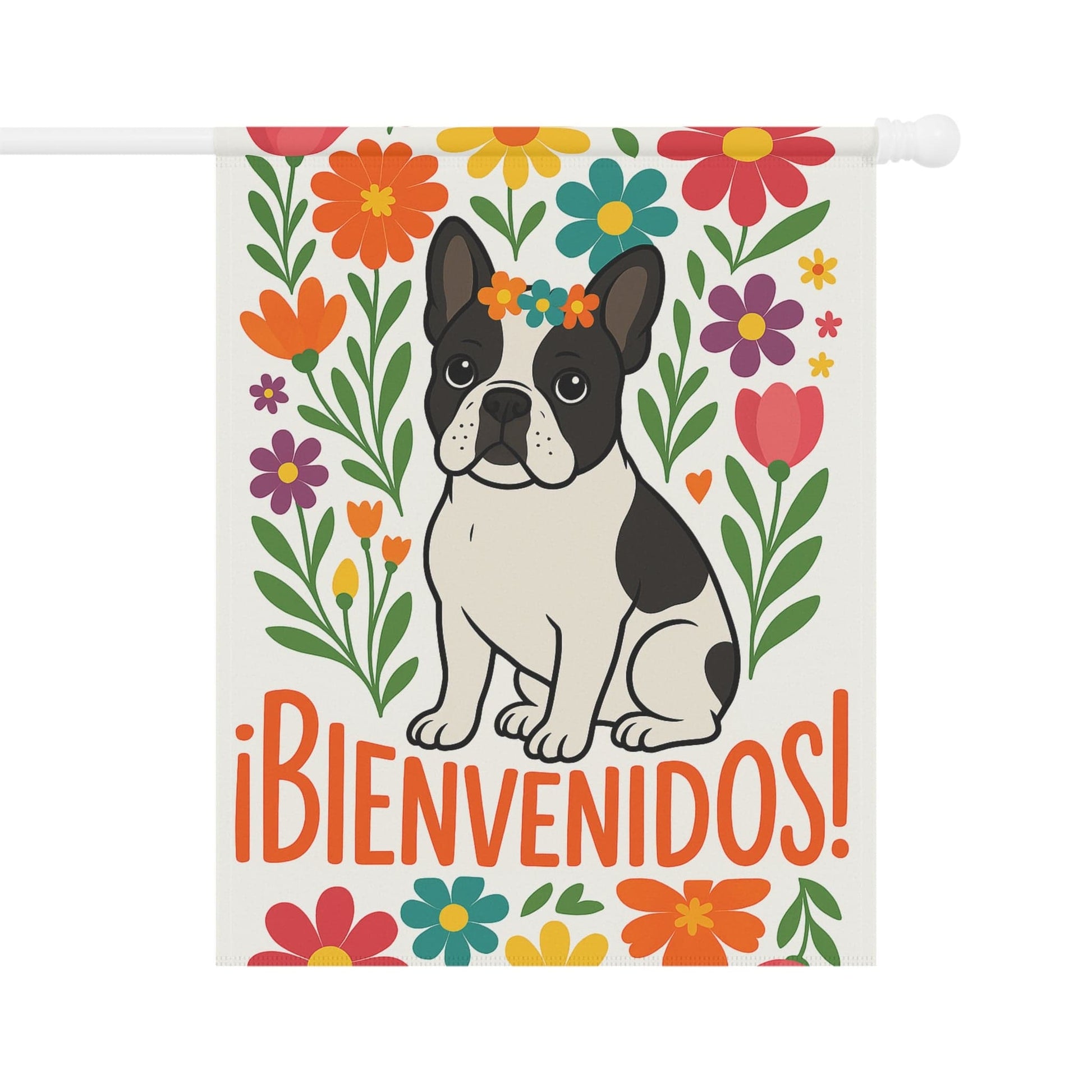 Printify Garden Flag Piebald French Bulldog Bienvenidos Garden Flag