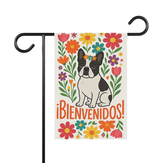 Printify Garden Flag Piebald French Bulldog Bienvenidos Garden Flag