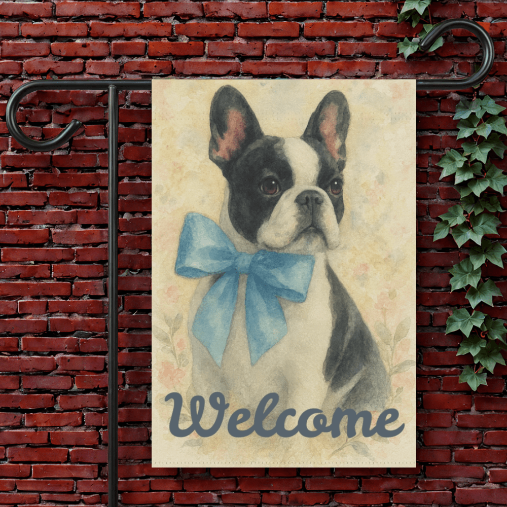 Piebald French Bulldog Blue Coquette Garden Flag 12'' × 18''