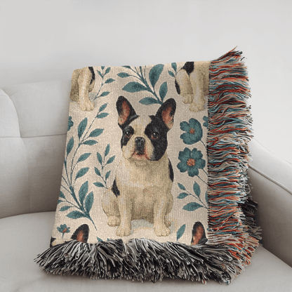 Printify Blanket Piebald French Bulldog Blue Floral Throw Blanket