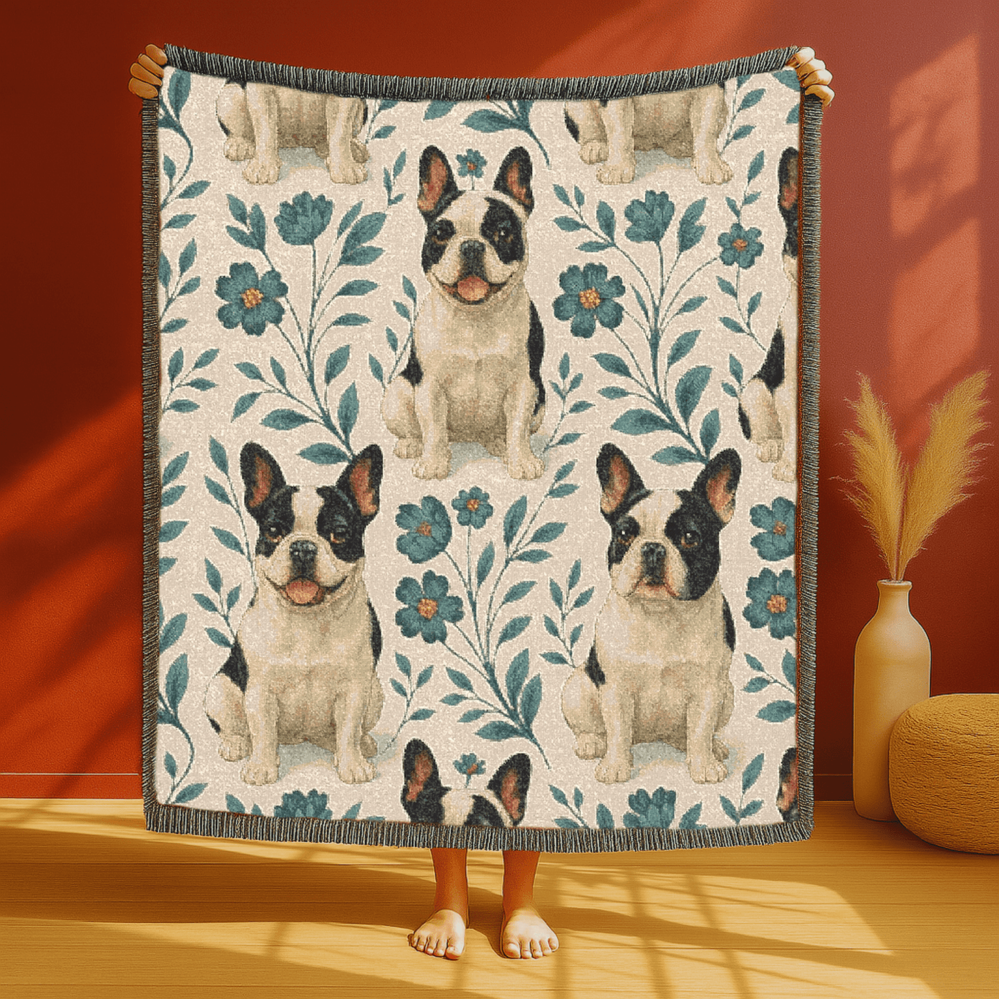 Printify Blanket Piebald French Bulldog Blue Floral Throw Blanket