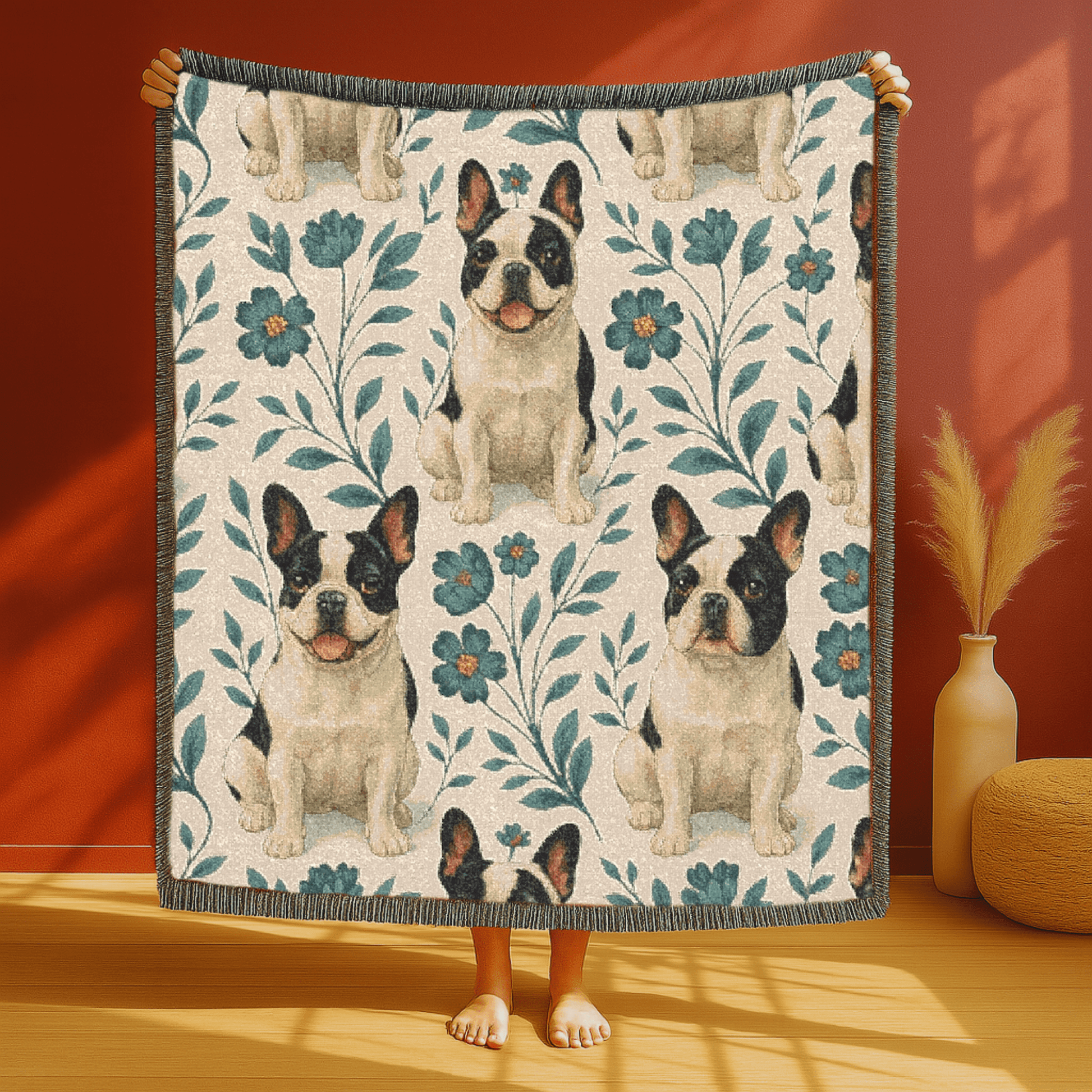 Printify Blanket Piebald French Bulldog Blue Floral Throw Blanket