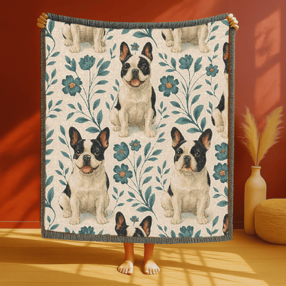 Printify Blanket Piebald French Bulldog Blue Floral Throw Blanket