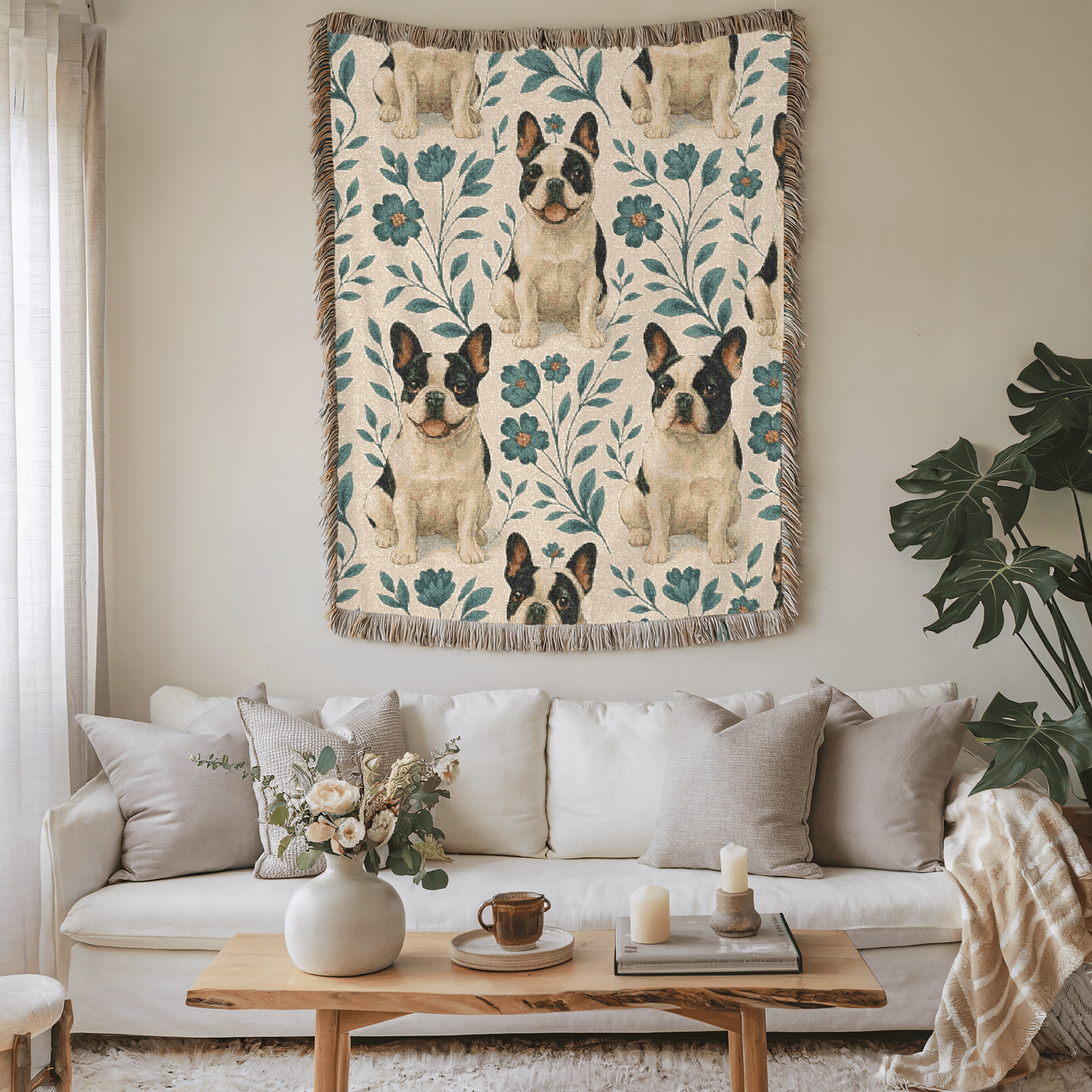 Printify Blanket Piebald French Bulldog Blue Floral Throw Blanket