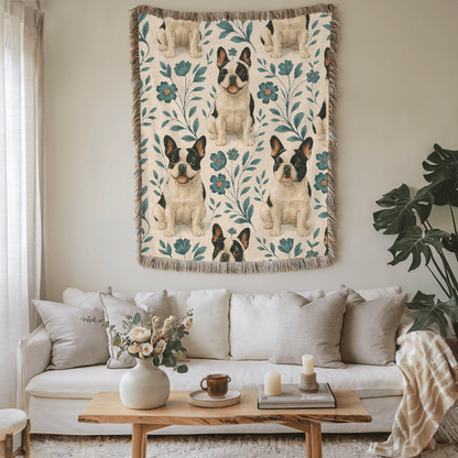 Printify Blanket Piebald French Bulldog Blue Floral Throw Blanket