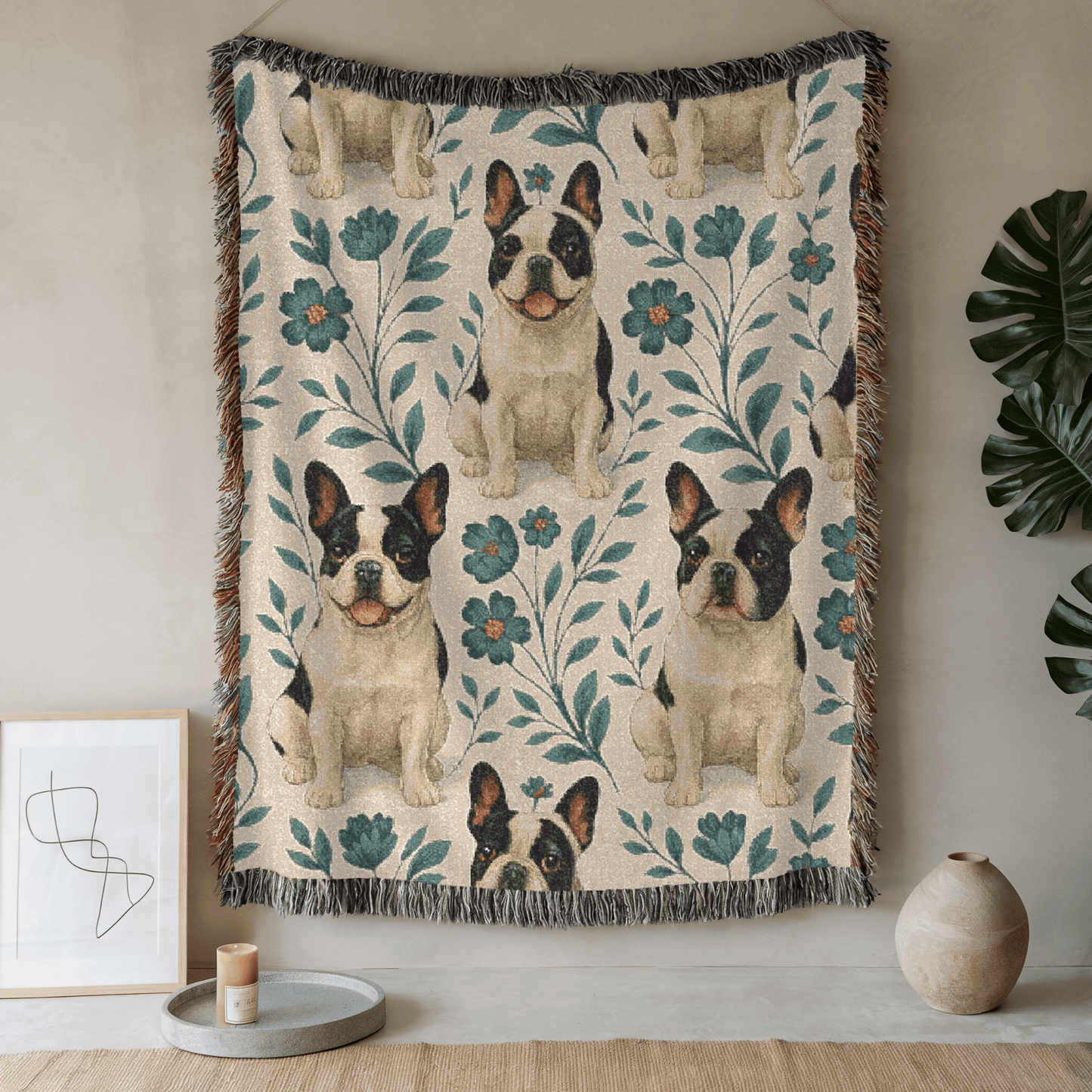 Printify Blanket 52'' × 37'' Piebald French Bulldog Blue Floral Throw Blanket