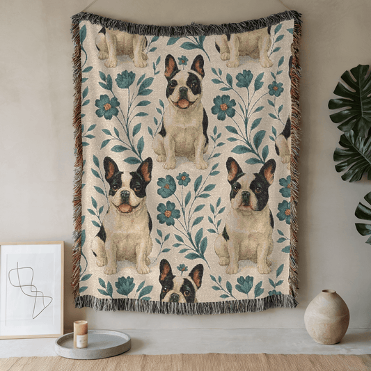 Printify Blanket 52'' × 37'' Piebald French Bulldog Blue Floral Throw Blanket