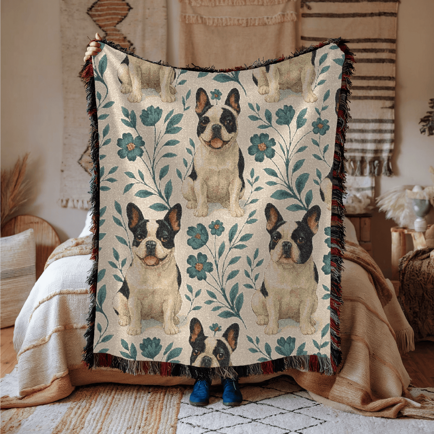 Printify Blanket Piebald French Bulldog Blue Floral Throw Blanket