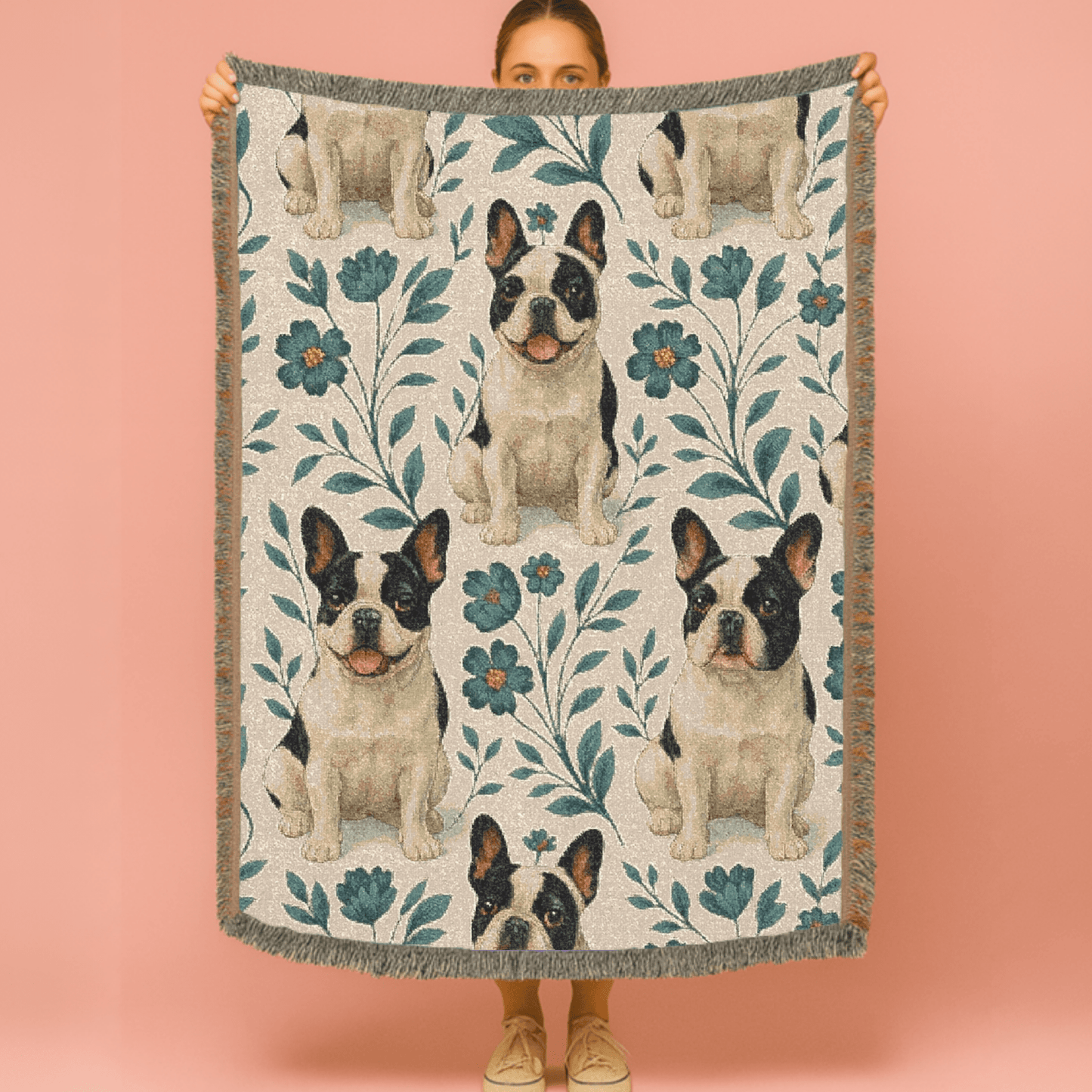 Printify Blanket Piebald French Bulldog Blue Floral Throw Blanket