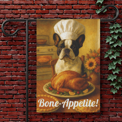 Piebald French Bulldog Bone-Appetite Garden Flag 12'' × 18''