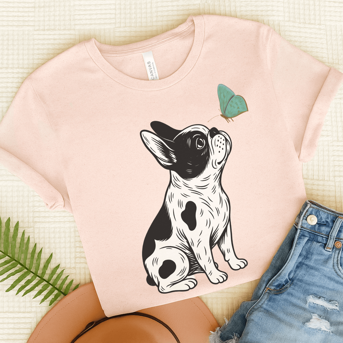 Piebald French Bulldog Butterfly TShirt Soft Pink