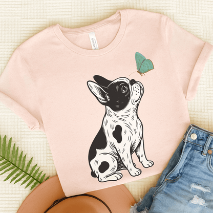 Piebald French Bulldog Butterfly TShirt Soft Pink