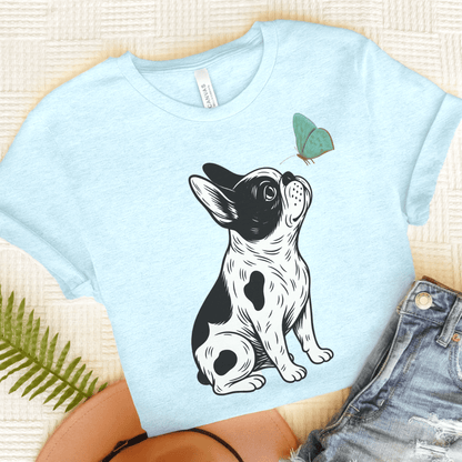 Piebald French Bulldog Butterfly TShirt Heather Ice Blue