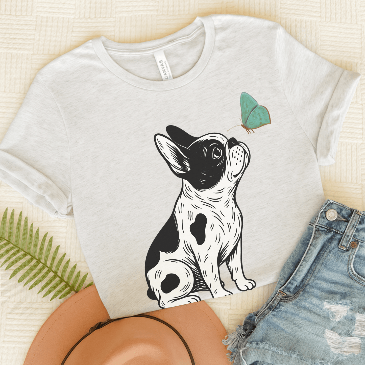Piebald French Bulldog Butterfly TShirt Ash