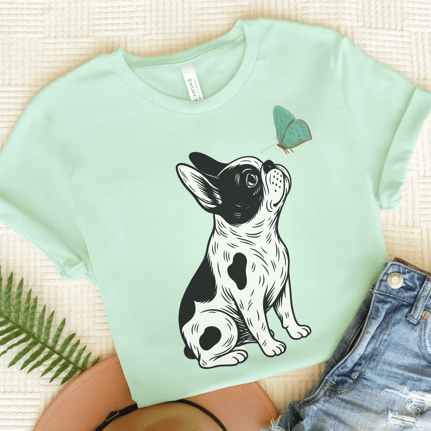 Piebald French Bulldog Butterfly TShirt Heather Mint