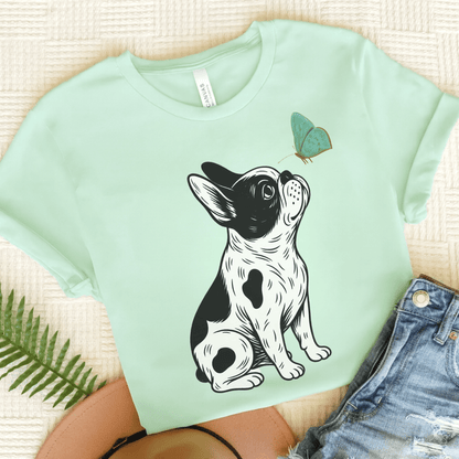 Piebald French Bulldog Butterfly TShirt Heather Mint